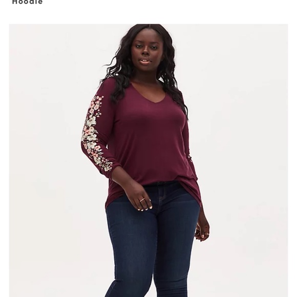 Beautiful Burgundy Flowered Sleeve hoodie Torrid Top - Picture 10 of 12